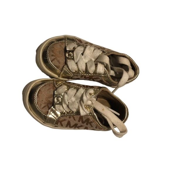 Michael Kors Toddler Girls Shoes Sneakers Gold Tan MK Signature Logo Size 5 - Picture 1 of 5